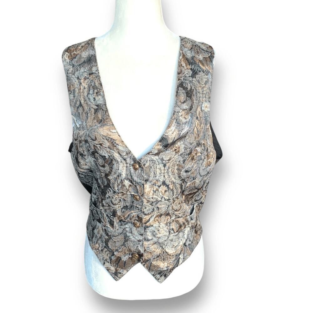 Vintage 90s Tapestry Vest Paisley Gold Black Small Boho Western Festival Layer - Picture 3 of 7